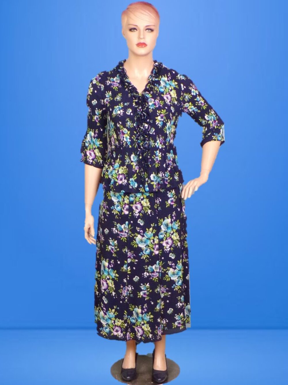 TANJAY multicolor floral 2-piece set size 14 blouse size 16 skirt 100% polyester